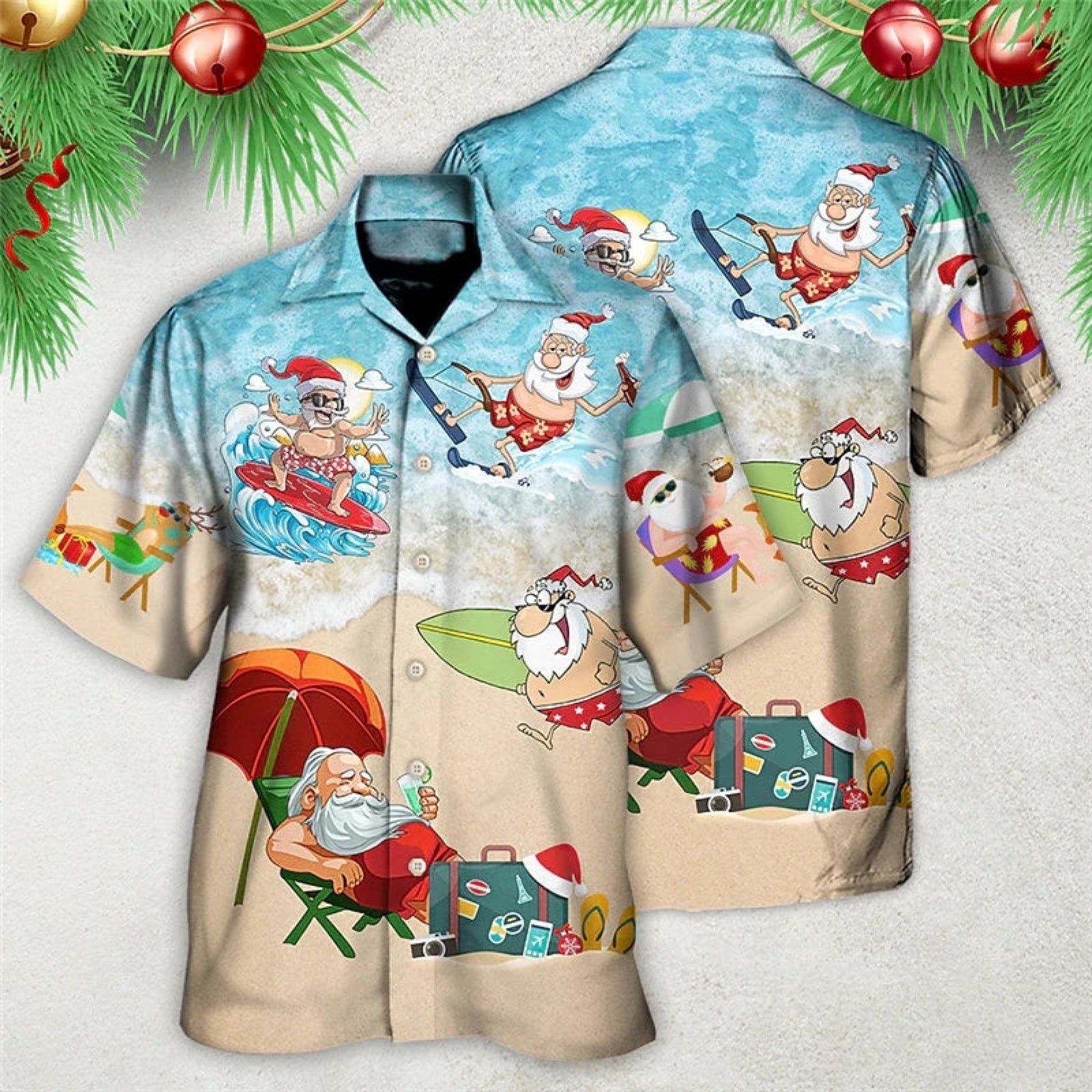 Hawaiian shirt with a design of Santa Claus in beach attire on a light gray background.