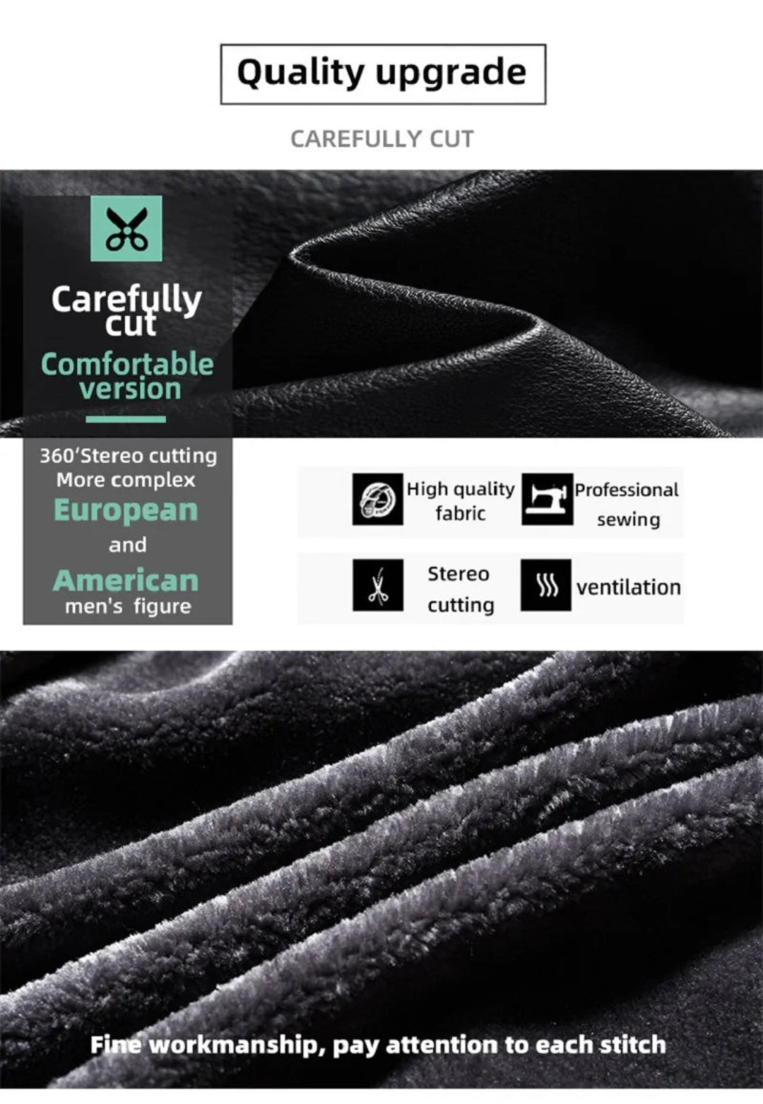 Text on fabric describing quality upgrade features with a black and gray color scheme.