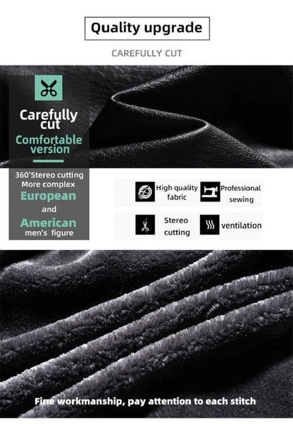 Text on fabric describing quality upgrade features with a black and gray color scheme.