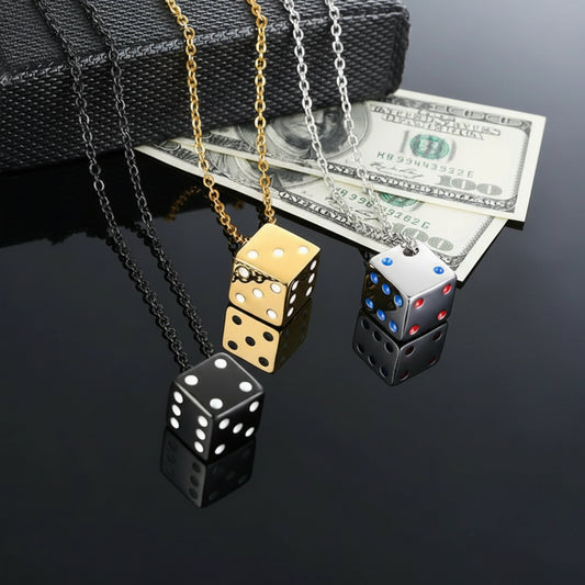 Dice-shaped pendants on chains with Vnox branding on a dark background