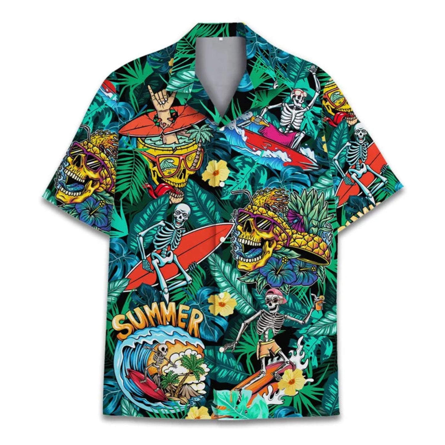 Colorful shirt with skeleton and tropical design on a white background
