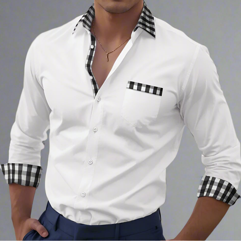 White shirt with black and white checkered details on a gray background