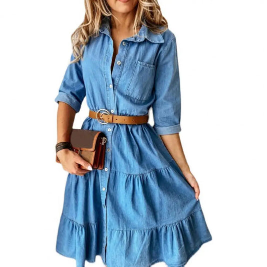 Denise Denim Belted Ruffle Dress