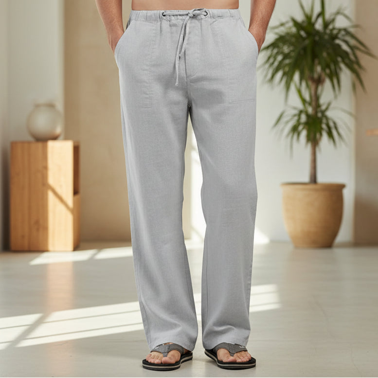 Gray pants with drawstring waist on a white background