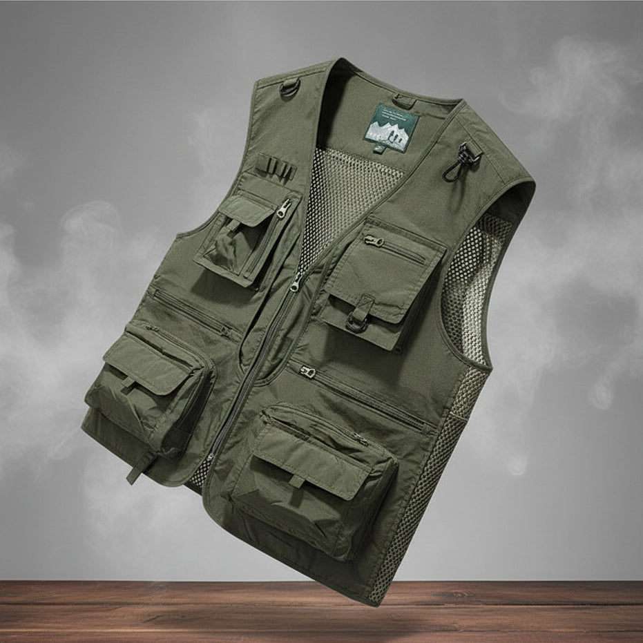 Green tactical vest with multiple pockets on a white background