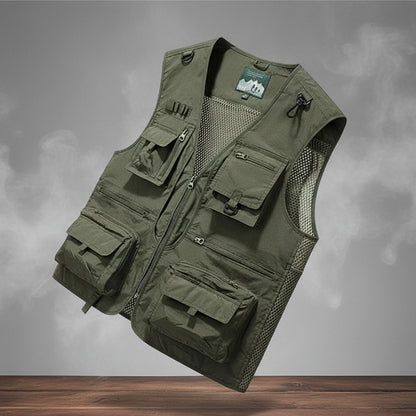 Green tactical vest with multiple pockets on a white background