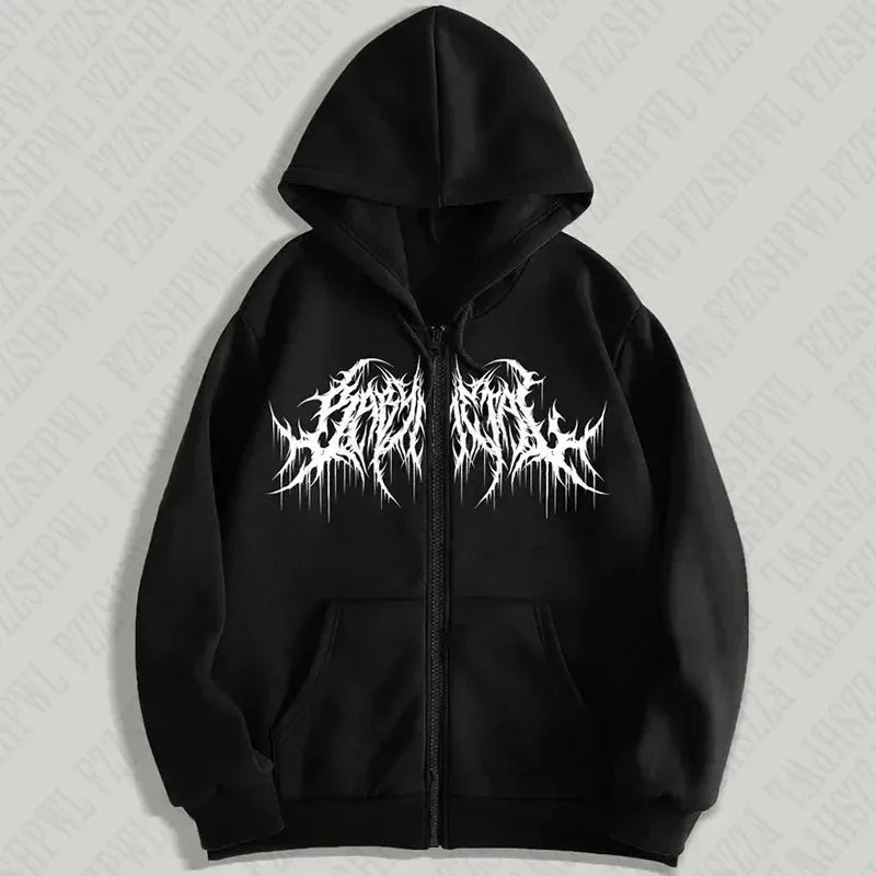 Black hoodie with white graphic design on a textured gray background