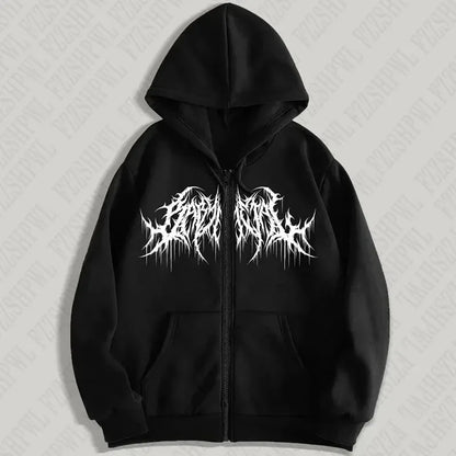 Black hoodie with white graphic design on a textured gray background