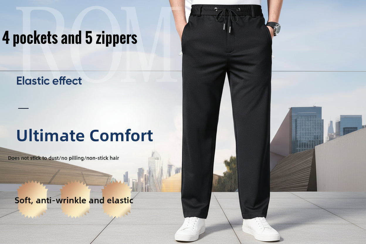 Black pants with text highlighting features on a blurred cityscape background