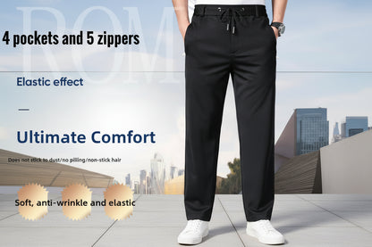 Black pants with text highlighting features on a blurred cityscape background