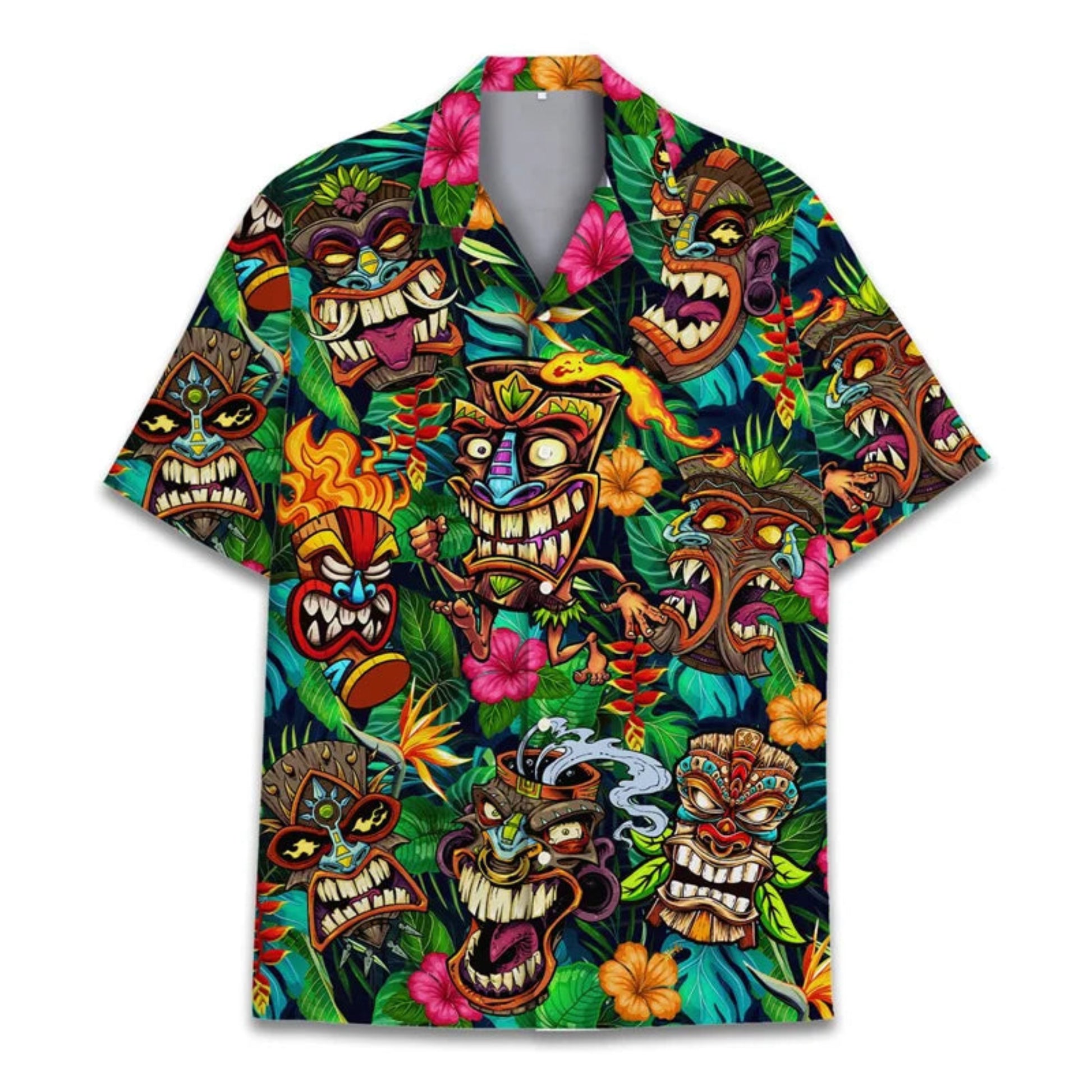 Colorful Hawaiian shirt with tiki masks and tropical flowers on a white background