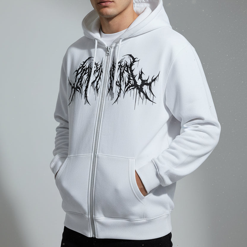 White hoodie with black graphic design on a gray background