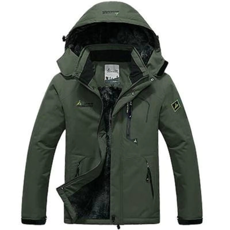 Green winter jacket with a hood on a white background