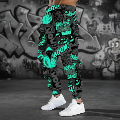 Person wearing neon green and black pants with text in front of a graffiti wall.