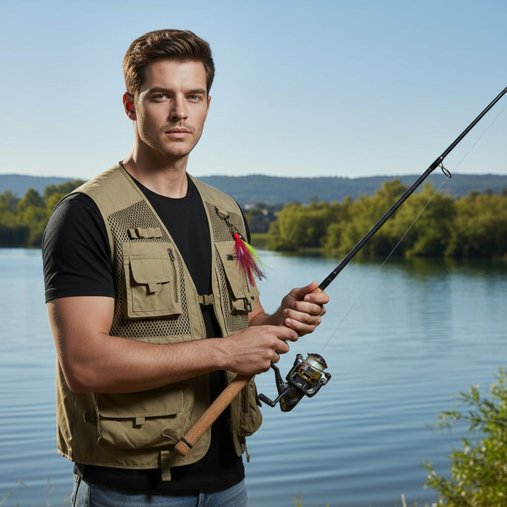 Khaki vest with multiple pockets on a white background