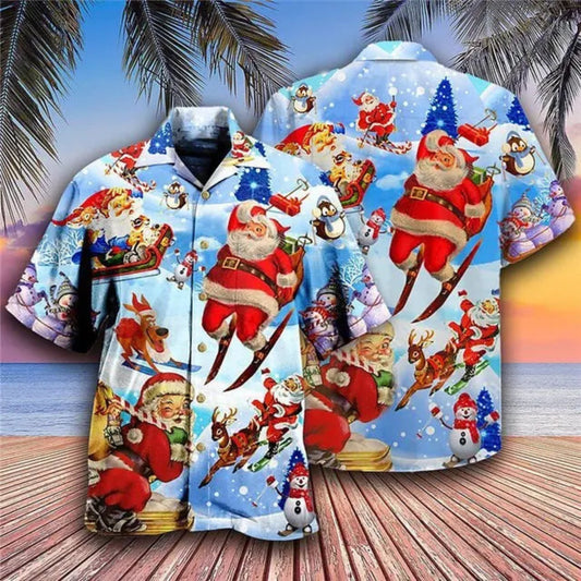 Hawaiian shirt with Santa Claus and Christmas-themed design on a wooden deck with palm trees.