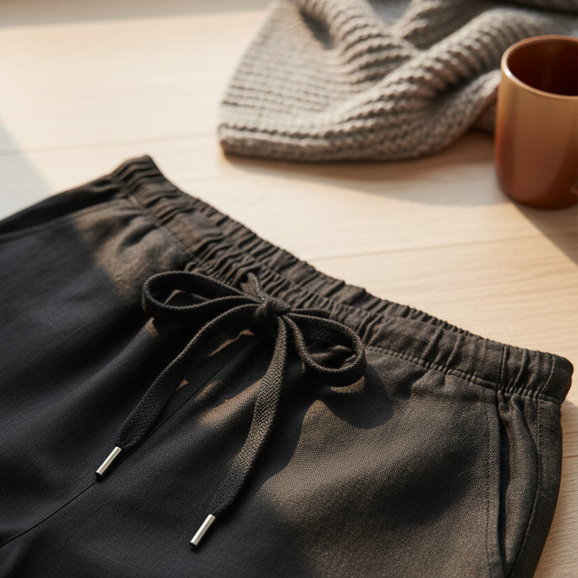 Black pants with two front pockets on a white background