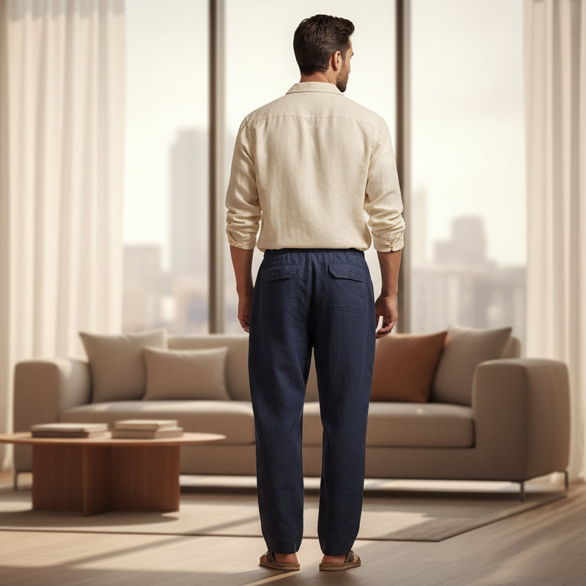 Navy blue pants on a white background