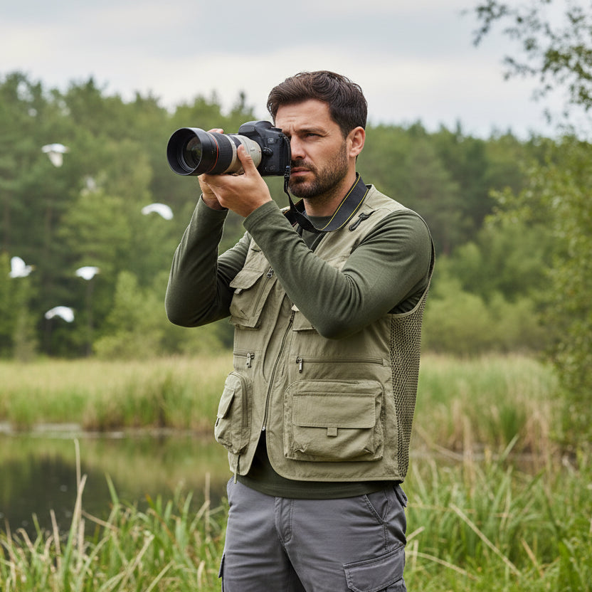 Khaki utility vest with multiple pockets on a gray background