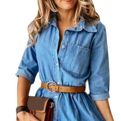 Denise Denim Belted Ruffle Dress
