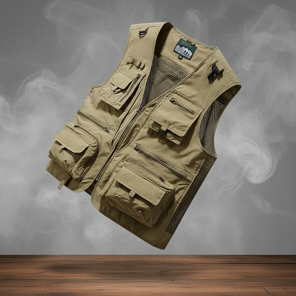 Beige utility vest with multiple pockets on a gray background
