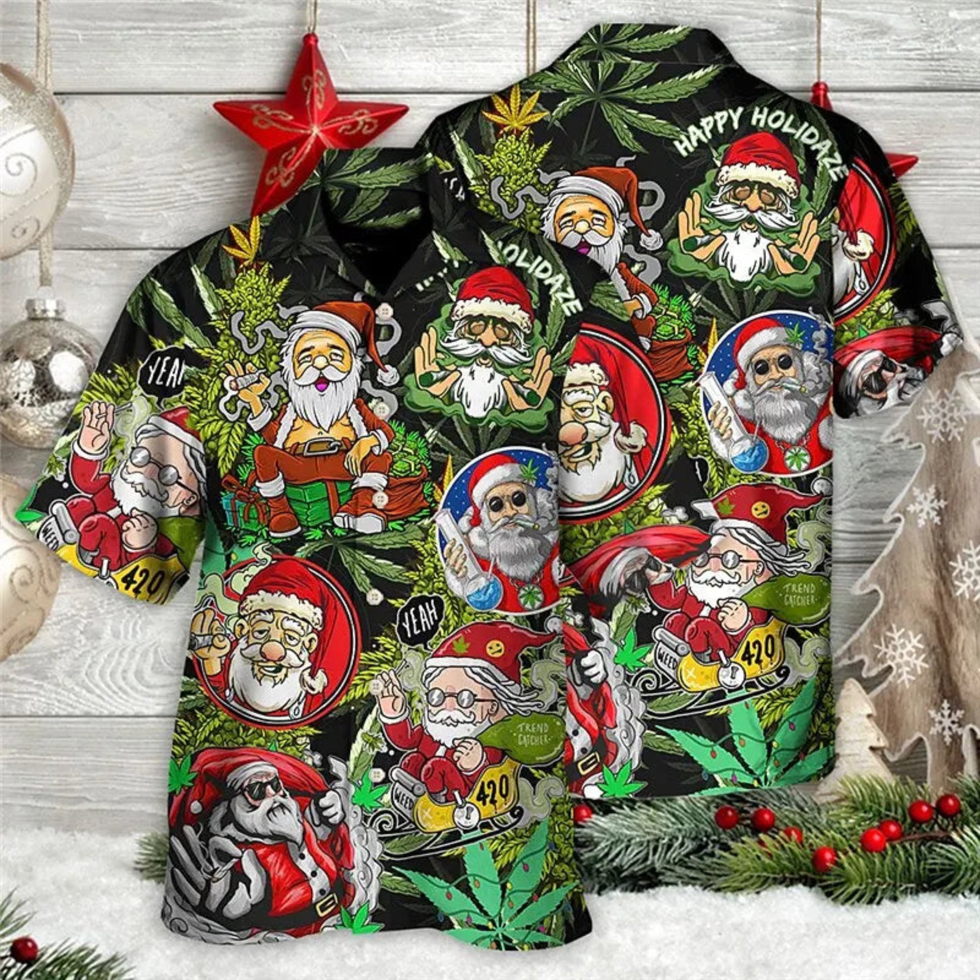 Hawaiian shirt with festive design featuring Santa Claus and Christmas elements on a wooden background.