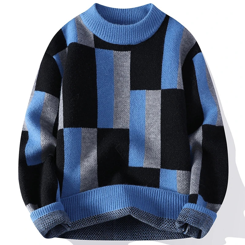 Blue, black, and gray checkered sweater on a white background