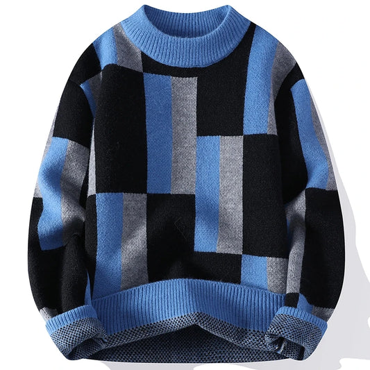 Blue, black, and gray checkered sweater on a white background