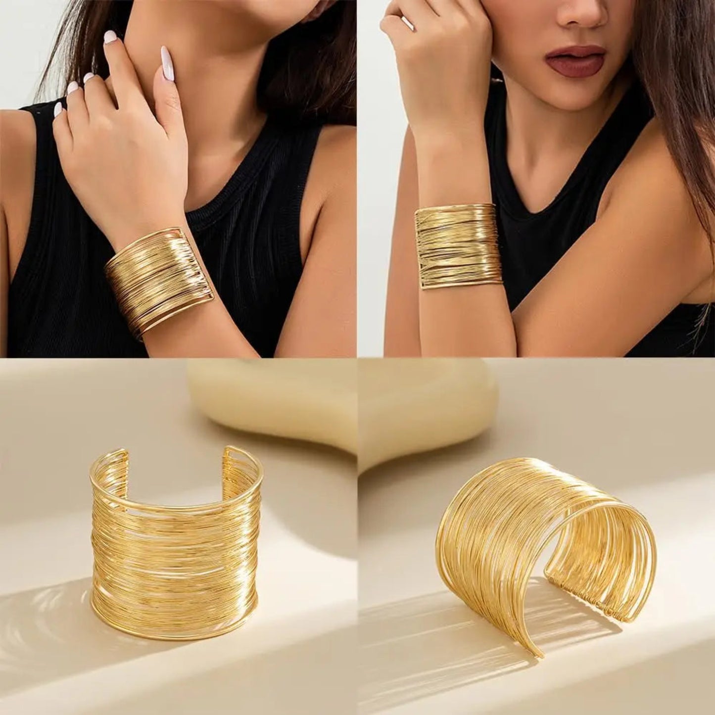 Gold cuff bracelet worn by a model and displayed on a neutral background