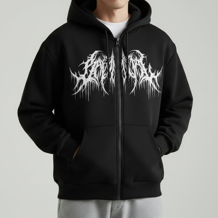 Black hoodie with white graphic design on a textured gray background