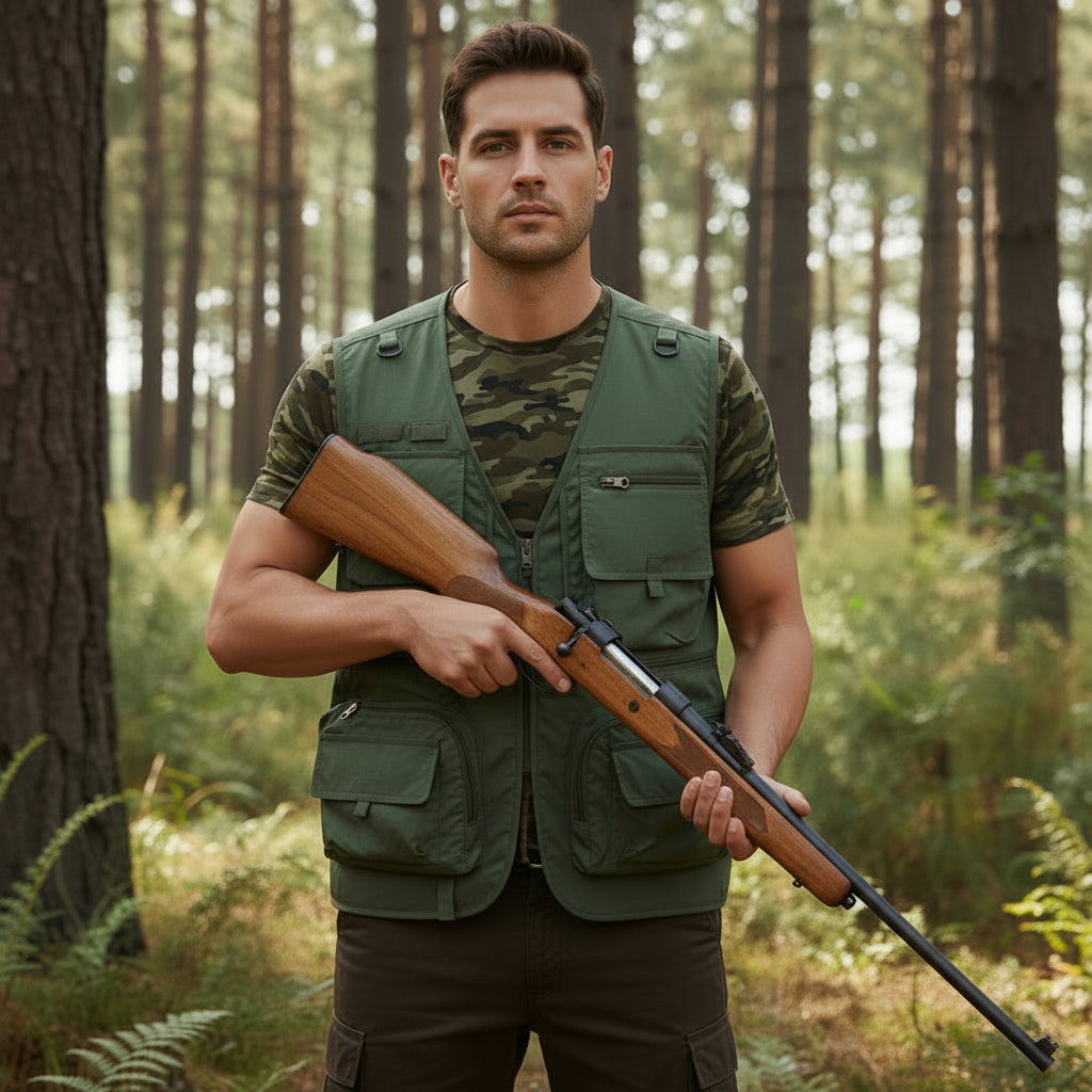 Green vest with multiple pockets and zippers on a gray background