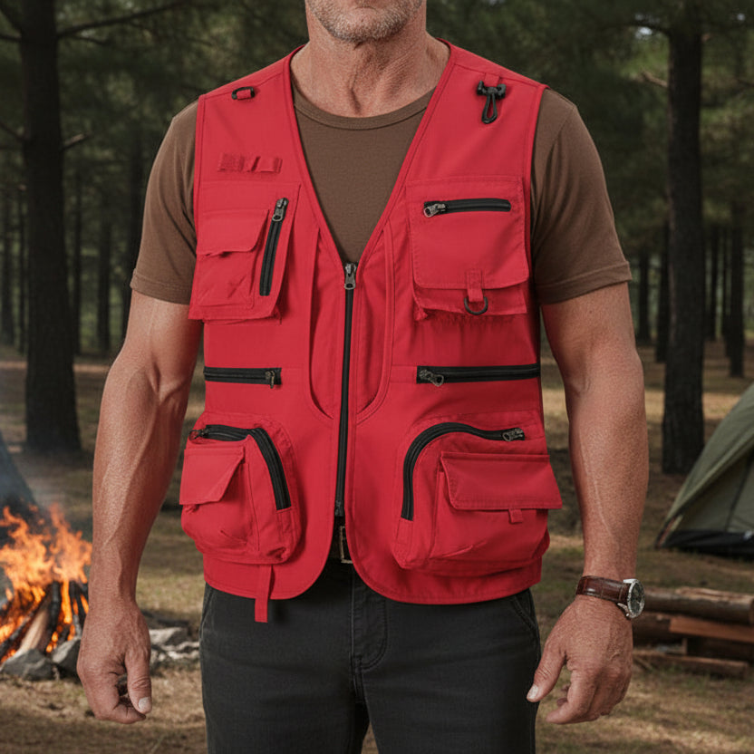 Person wearing a red vest with multiple pockets and zippers on a white background