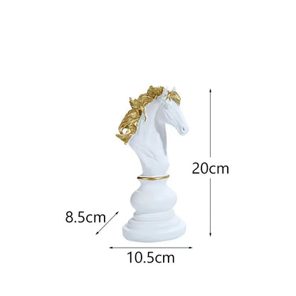 White and gold horse figurine with measurements on a white background