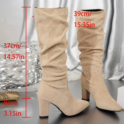 Lyla Ladies Pointed Toe Pleated Chunky Knee Boots