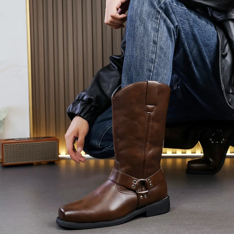 Brown leather boot with a buckle on a person sitting indoors.