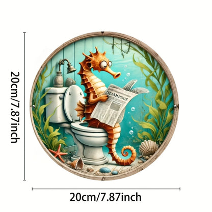 Illustration of a seahorse reading a newspaper on a toilet with underwater elements and dimensions indicated.