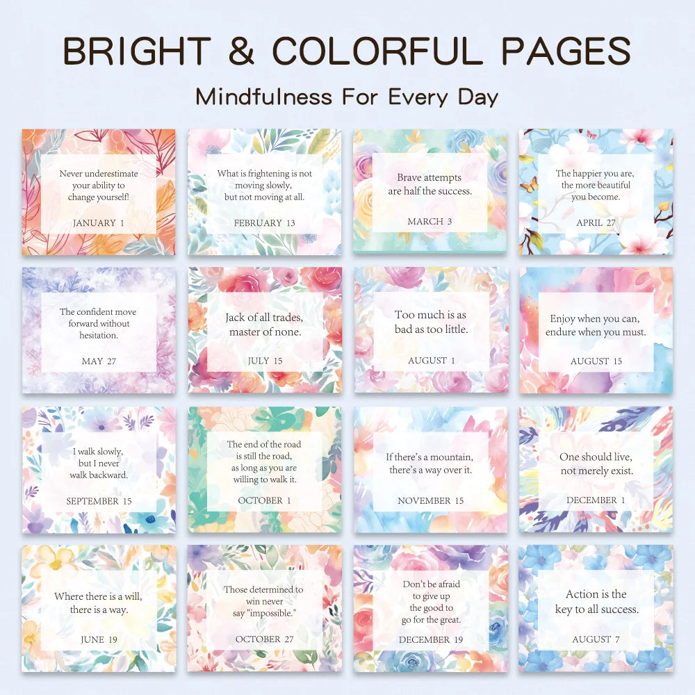 Set of 12 colorful pages with motivational quotes on a white background