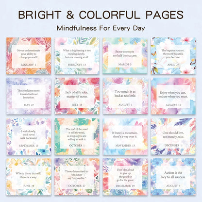 Set of 12 colorful pages with motivational quotes on a white background