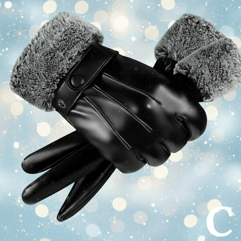Black gloves with gray fur cuffs on a white background