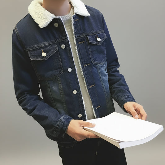 Person wearing a denim jacket with white fur lining, holding a book in a store setting.