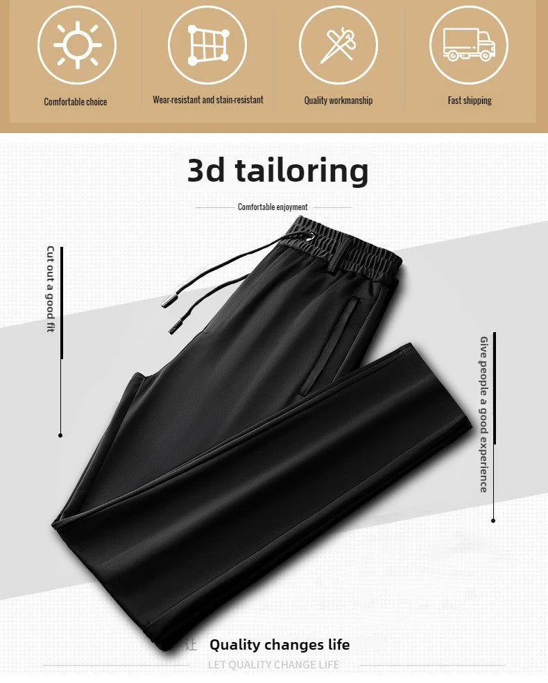 Black pants with drawstring on a white background, featuring icons and text about product features.