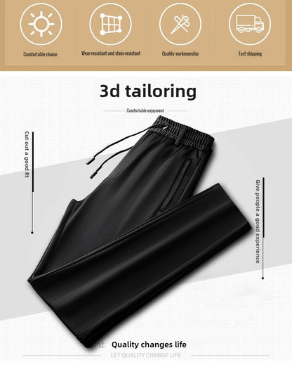 Black pants with drawstring on a white background, featuring icons and text about product features.