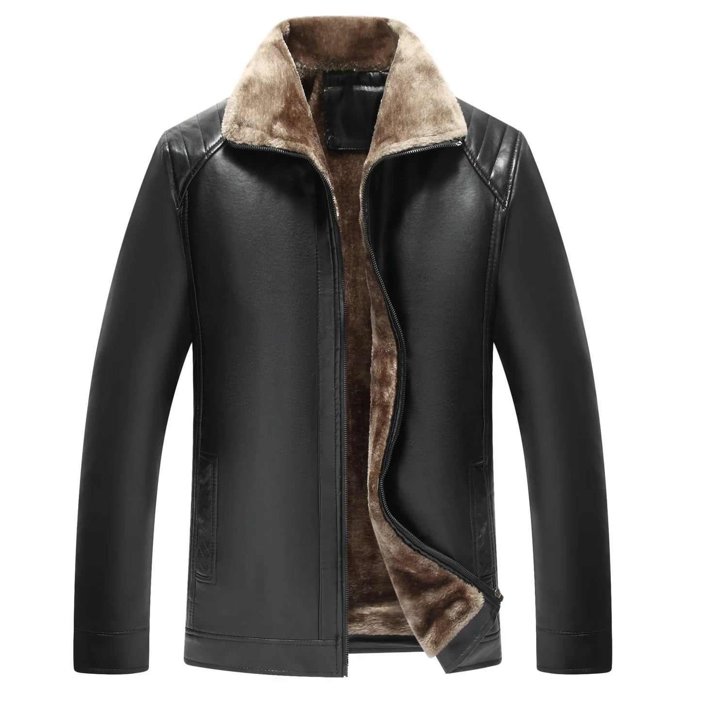 Black leather jacket with brown fur lining on a white background