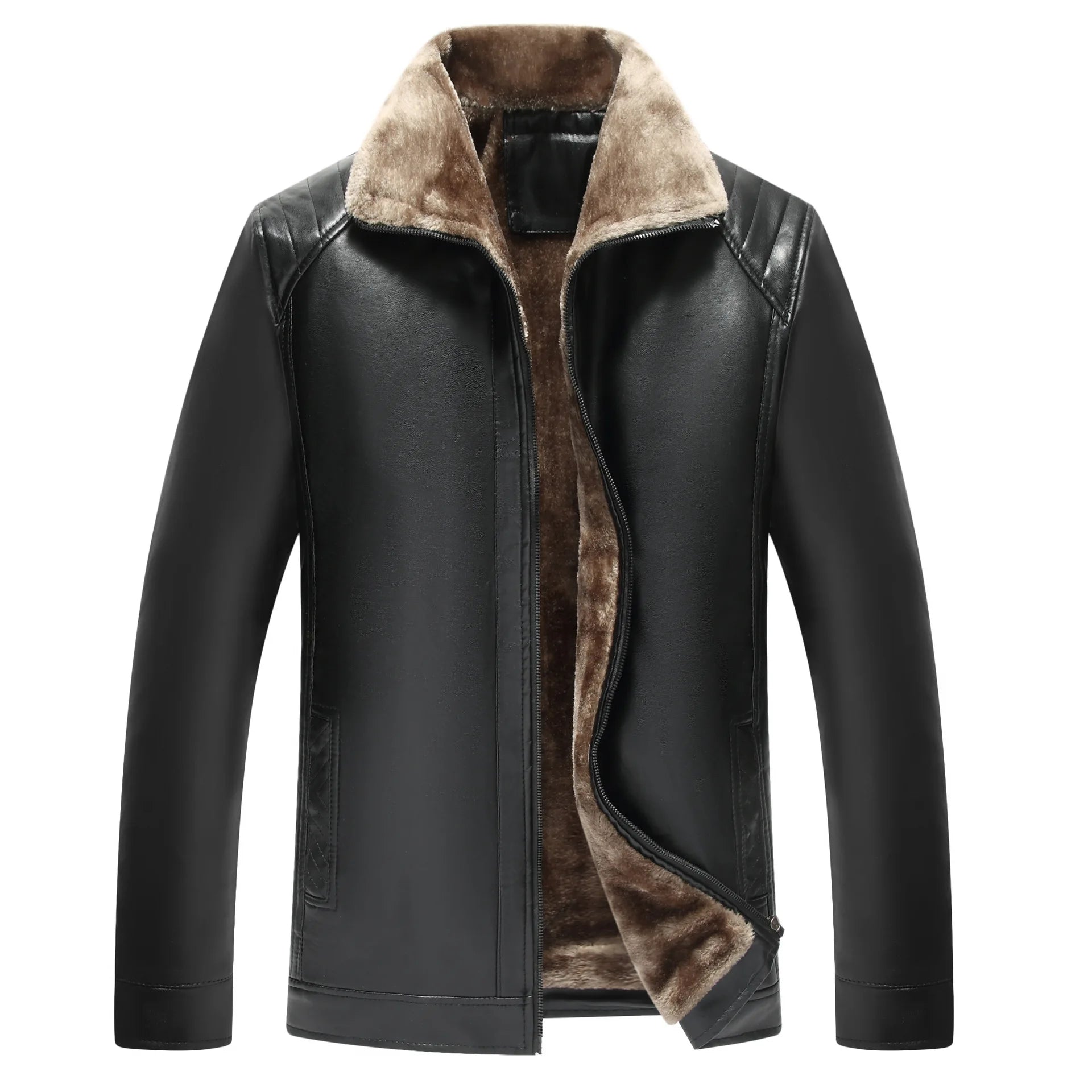 Black leather jacket with brown fur lining on a white background