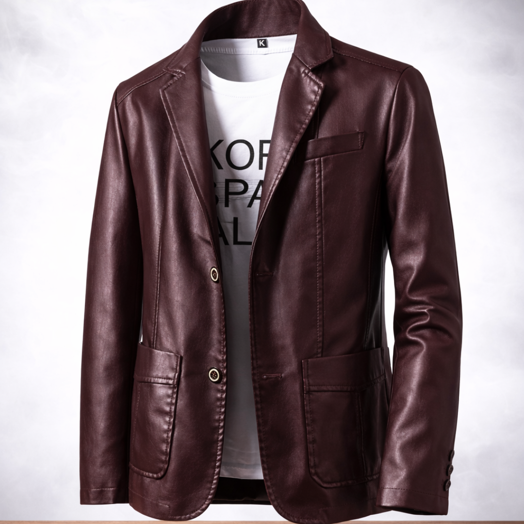 Brown leather jacket on a wooden surface with a white background