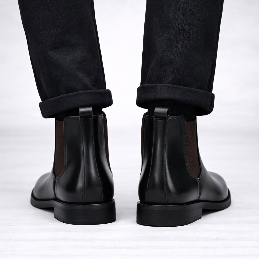 Black leather Chelsea boots worn with black pants on a white background