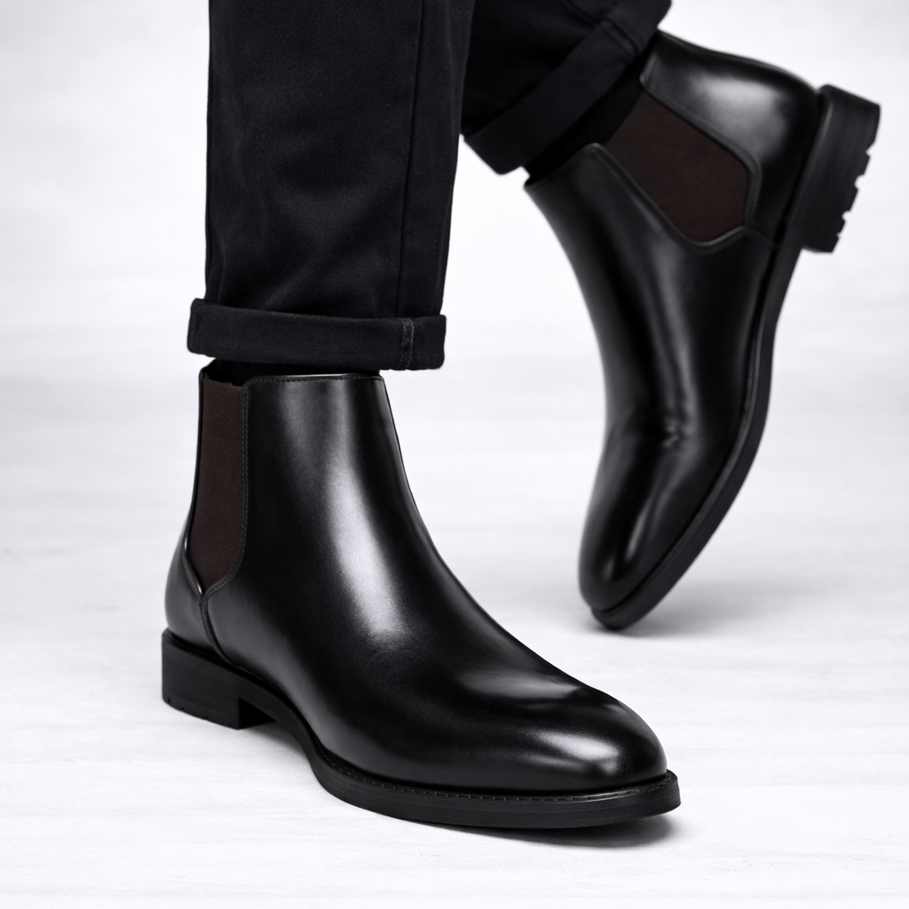 Black leather Chelsea boots worn with black pants on a white background
