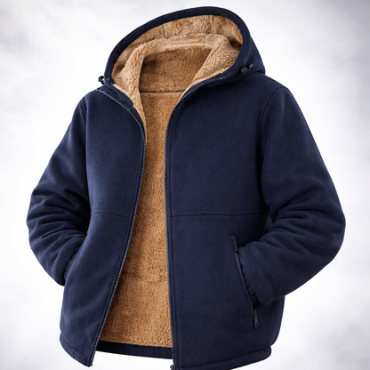 Navy blue jacket with brown lining on a wooden surface and light gray background