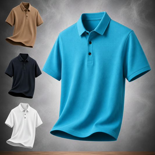 Blue polo shirt with brown, black, and white shirts displayed above on a gray background.