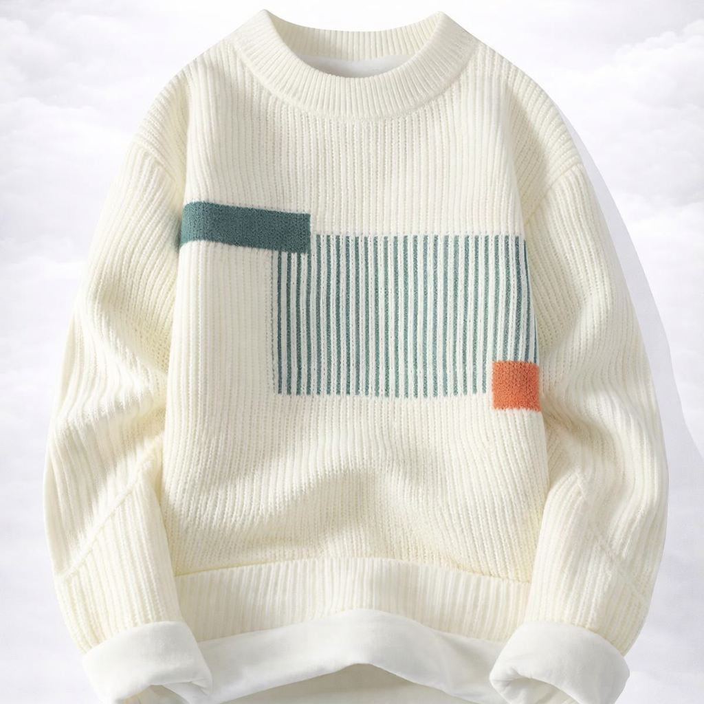 White sweater with geometric pattern on a white background